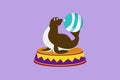 Sea lion on stage playing with striped ball in its tail. Circus animal. Cartoon design vector illustration Royalty Free Stock Photo